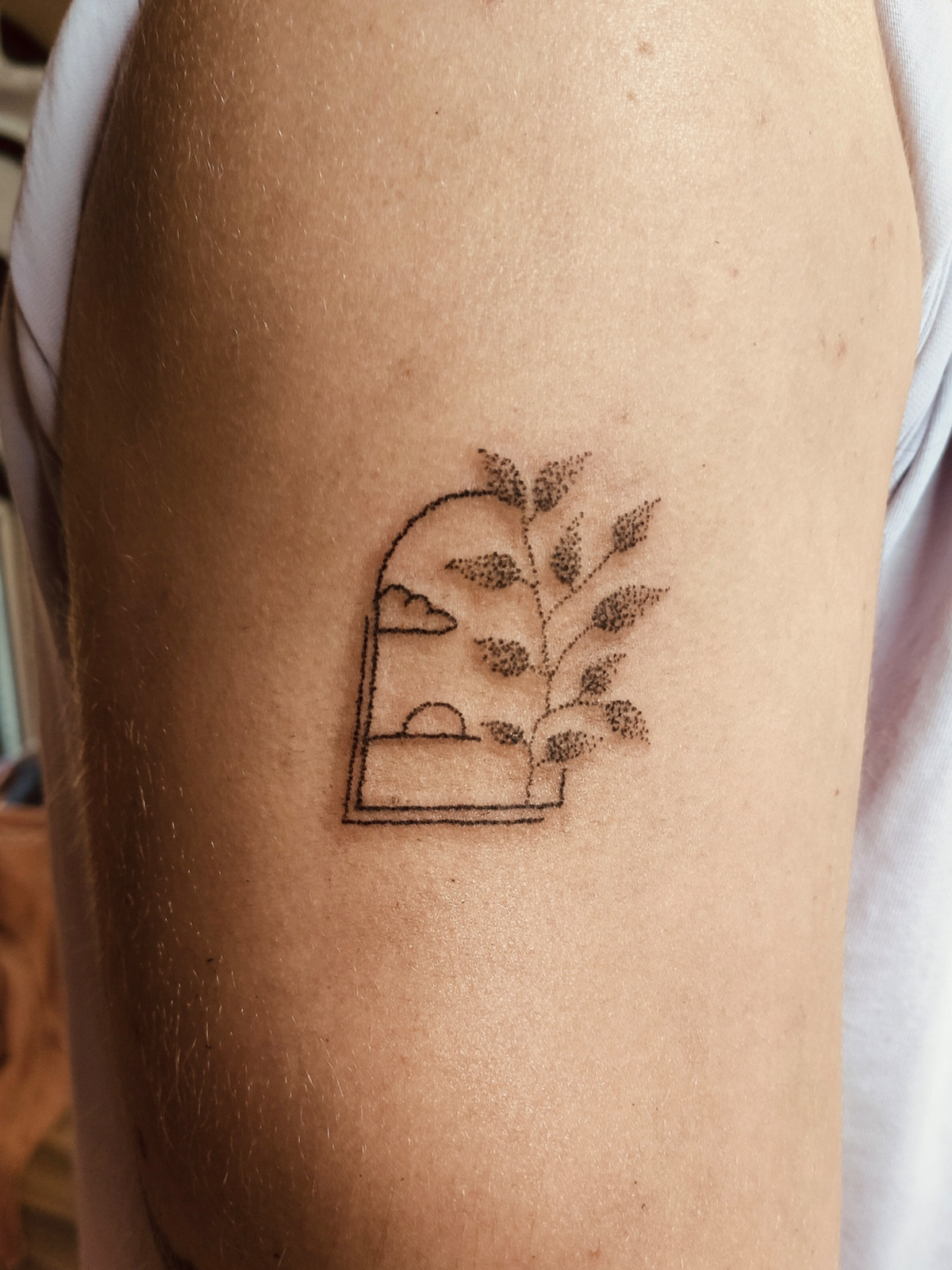 Window frame with dottwork leaves in Botanical, Floral style on Upper Arm by Haneliko Augsburg