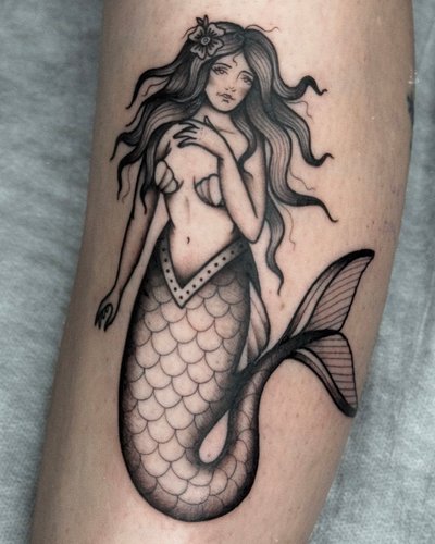 Mermaid im Oldschool, Traditional Style auf Bein von Hase Pfeffer Tattoo in Magdeburg