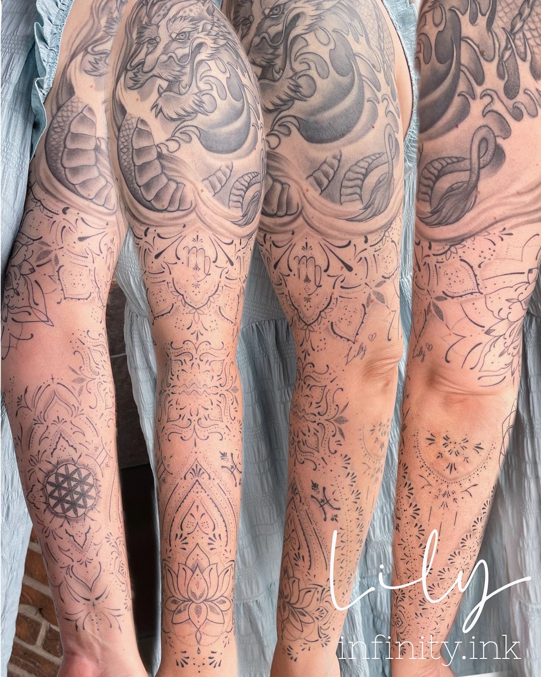 Ornamental Sleeve in Fineline style on Forearm by Lily Infinity.Ink Norderstedt