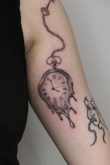 Zerlaufende Uhr in Black & Gray style on Upper Arm by Atelier Flux Leipzig