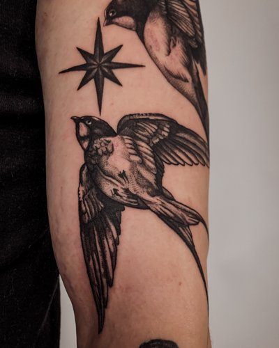 Schwalben im Dotwork Style auf Oberarm von ZZ in 28203
