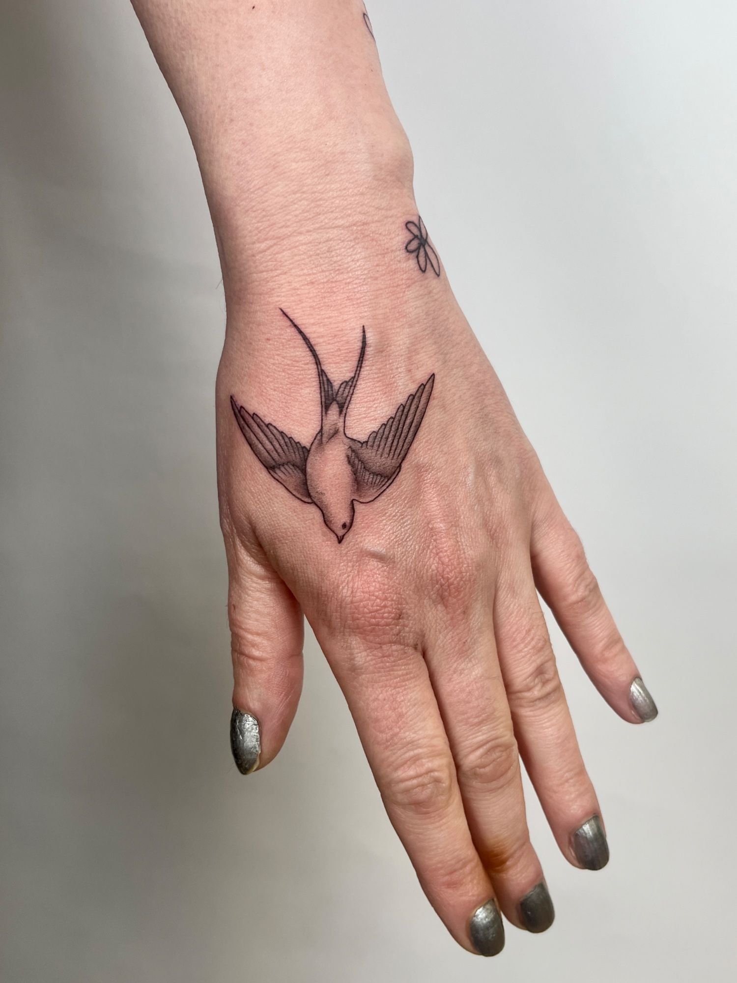 Fineline Vogel Schwalbe im Black & Gray Style auf Hand von susigrck in Leipzig