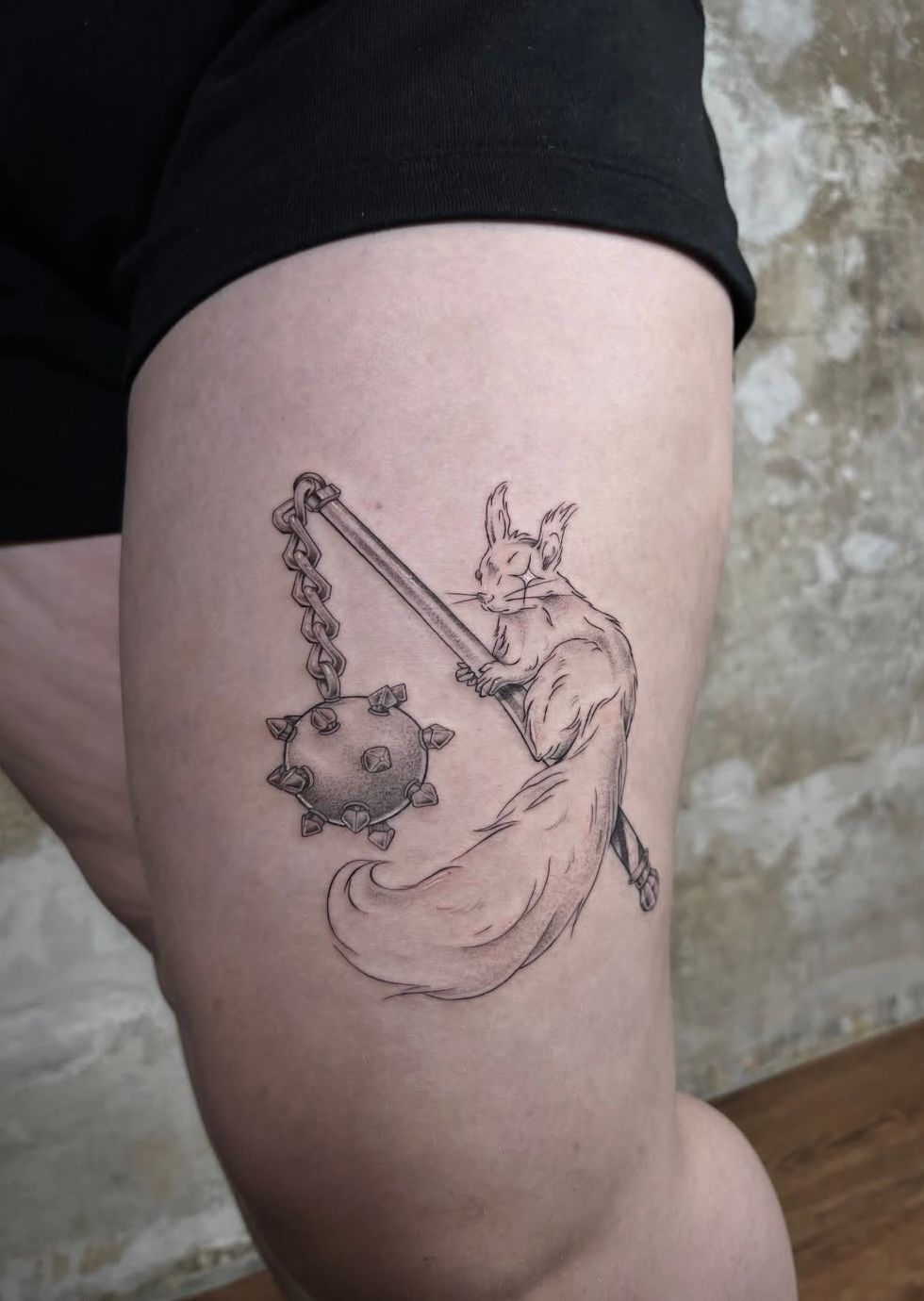 Kaninchen mit Morgenstern auf dem Oberschenkel im Illustrative Style von Morwen in 49074