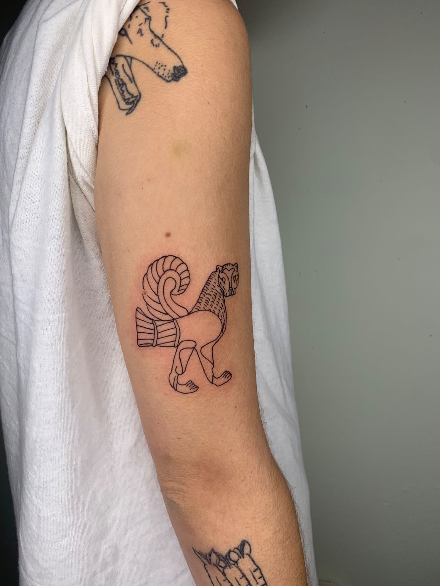 Antikes Fabelwesen im Line Work Style auf Oberarm von Guccischnalle in Leipzig