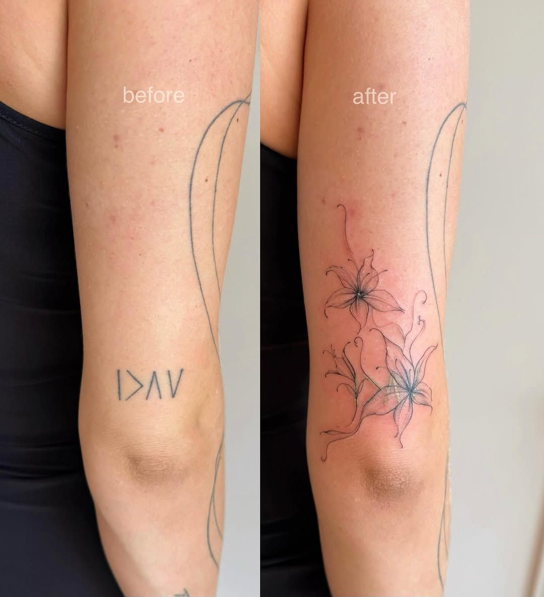Blumen Fineline Oberarm-Tattoo im Style auf Oberarm von CARO ☀️ AND COLOR TATTOO ARTIST BERLIN in