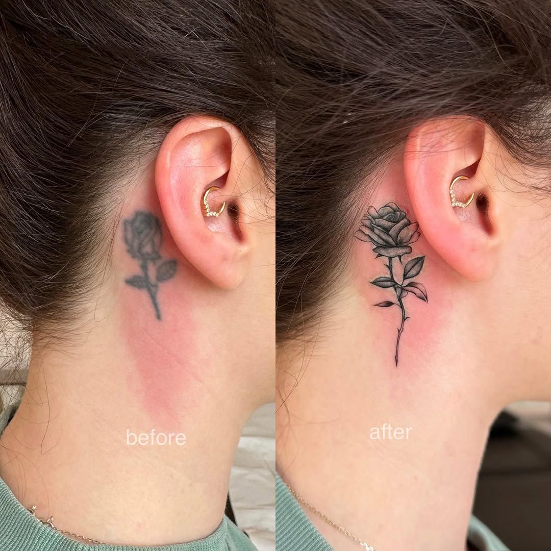 Rose Fineline Nacken-Tattoo im Style auf Nacken von CARO ☀️ AND COLOR TATTOO ARTIST BERLIN in