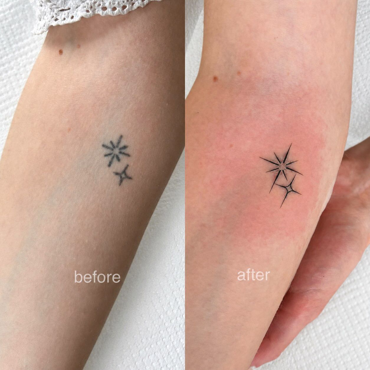 Sterne Fineline Unterarm-Tattoo im Style auf Unterarm von CARO ☀️ AND COLOR TATTOO ARTIST BERLIN in