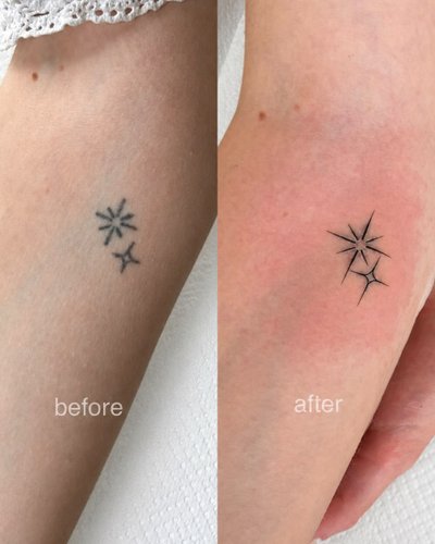 Sterne Fineline Unterarm-Tattoo im Style auf Unterarm von CARO ☀️ AND COLOR TATTOO ARTIST BERLIN in