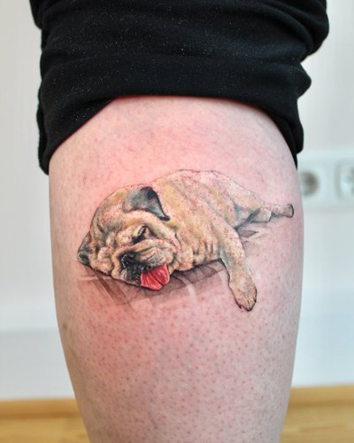 Mops Realismus Oberschenkel-Tattoo im Realistic Style von CARO ☀️ FINELINE AND COLOR TATTOO ARTIST BERLIN in
