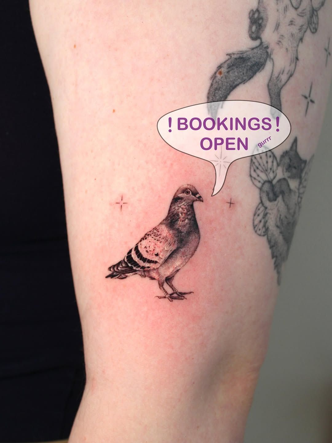 Taube Realismus Oberarm-Tattoo im Realistic Style von CARO ☀️ FINELINE AND COLOR TATTOO ARTIST BERLIN in