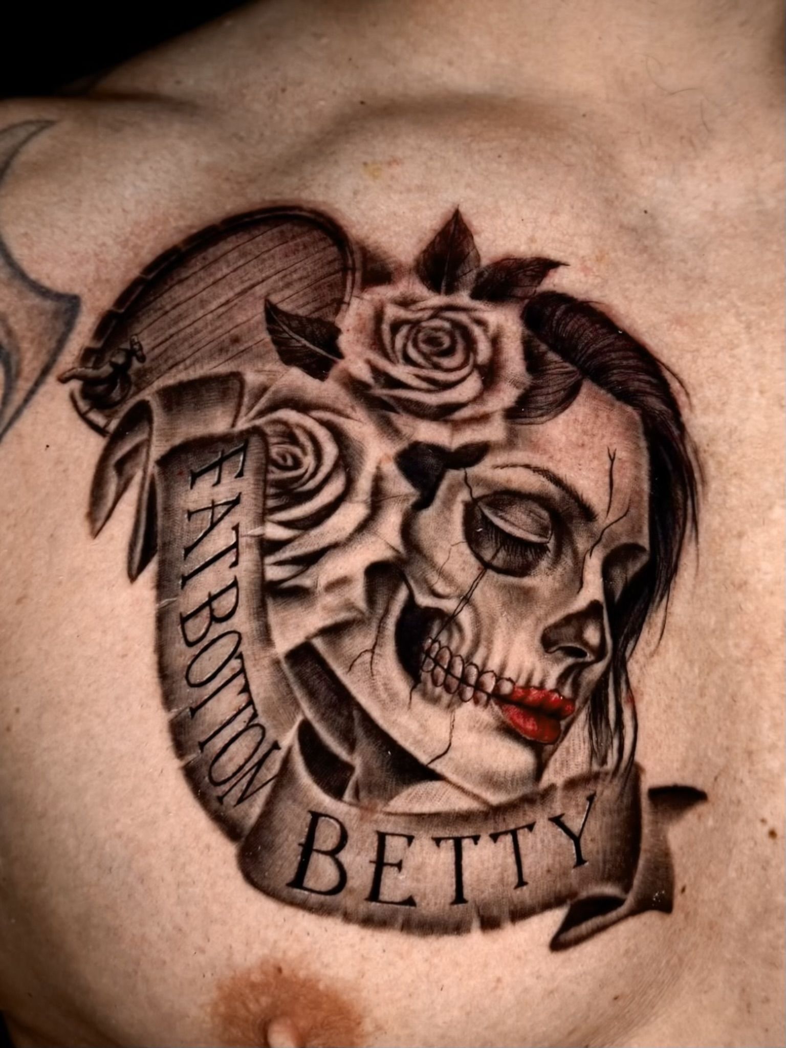 La Catrina Totenkopf in Black & Gray style on Chest by Won Ink Hamburg