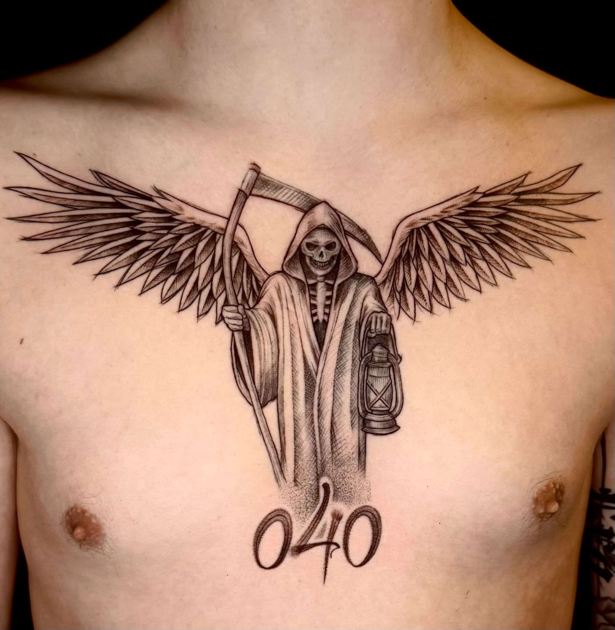 Sensenmann Totenkopf in Black & Gray style on Chest by Won Ink Hamburg