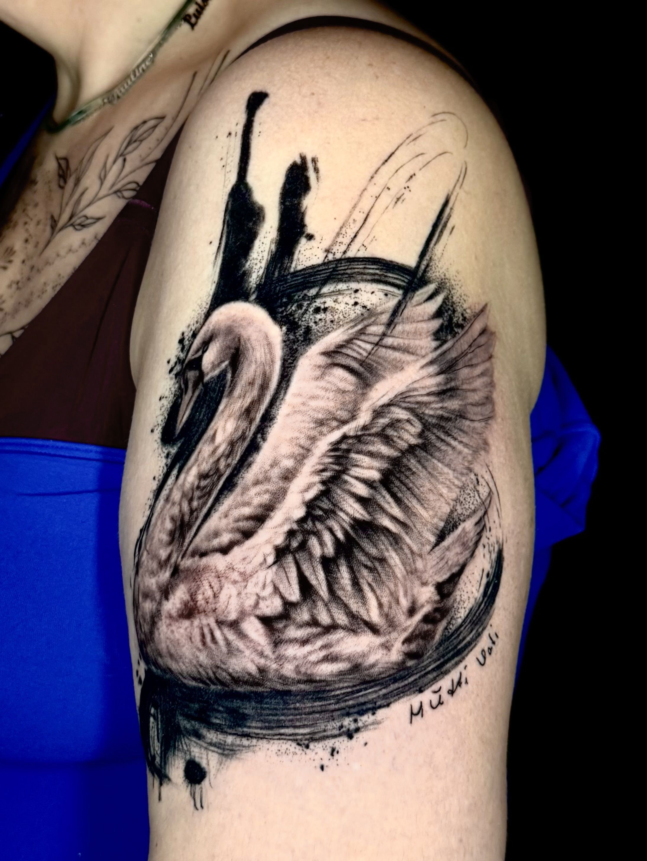 Schwan in Black & Gray style on Upper Arm by Won Ink Hamburg