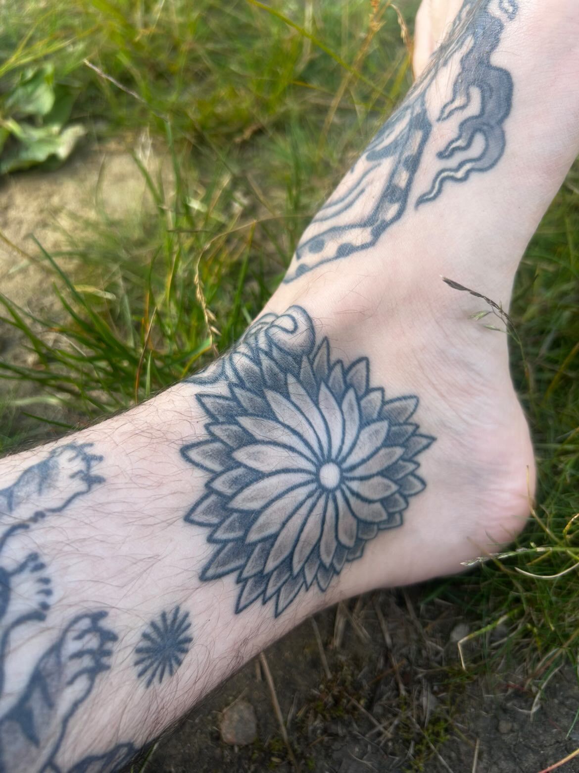 shaded chrysanthemum in Ornamental style on Leg by studio gamine Freiburg im Breisgau