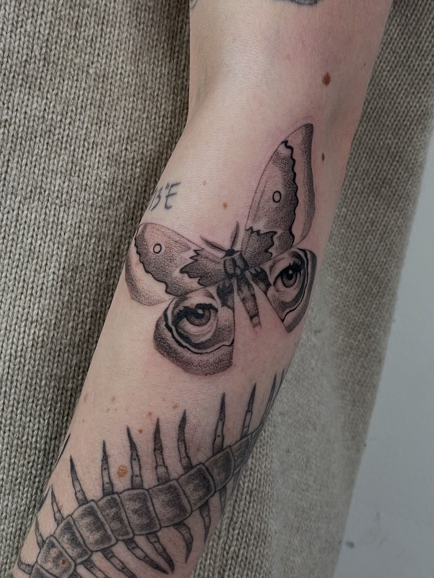 Surrealistischer Schmetterling mit Augen Unterarm im Surrealistic Blackwork Style auf von Pretty Bold