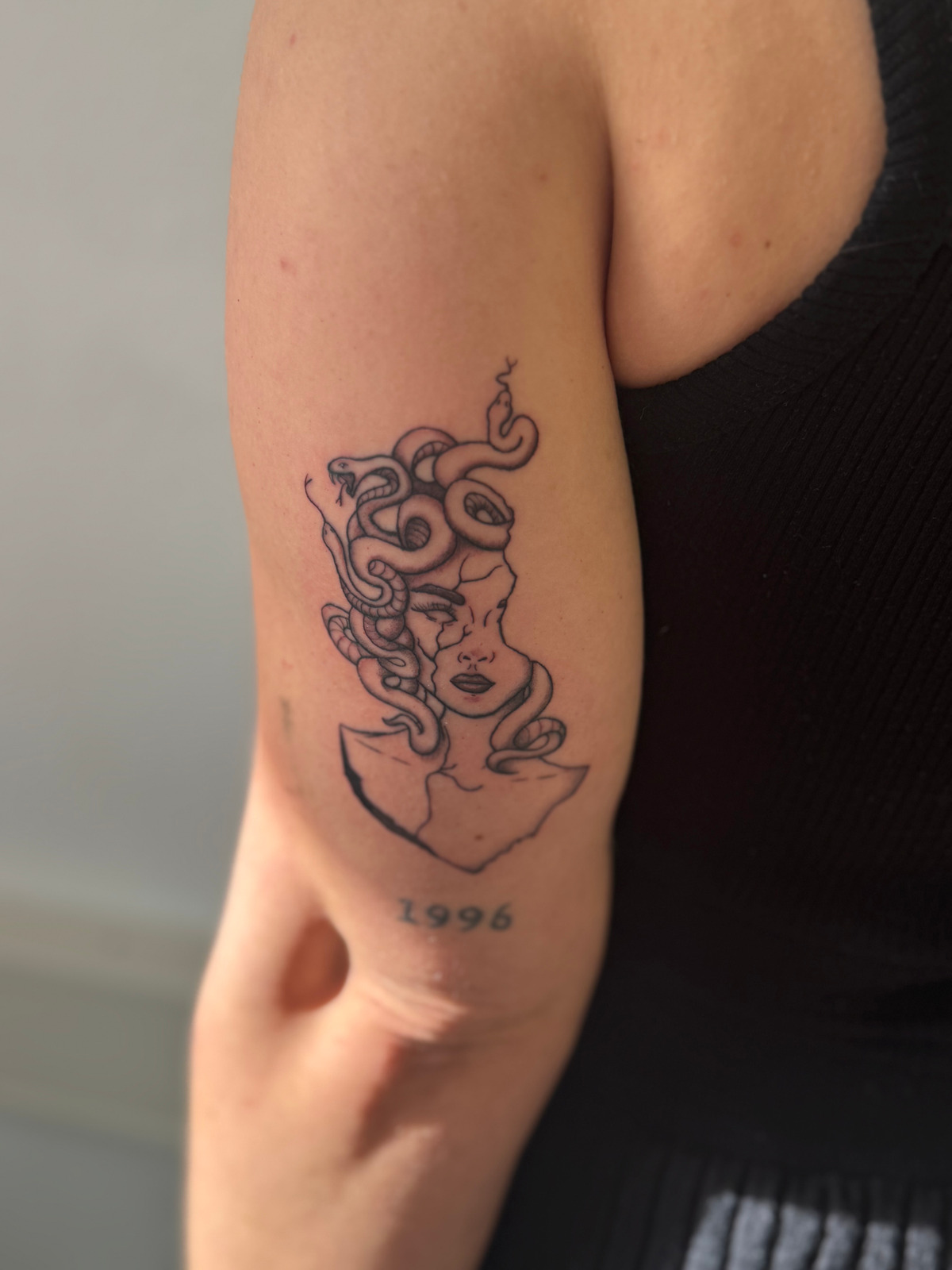 Medusa Oberarm in Black & Gray style on Upper Arm by faeser_inkz Bramsche