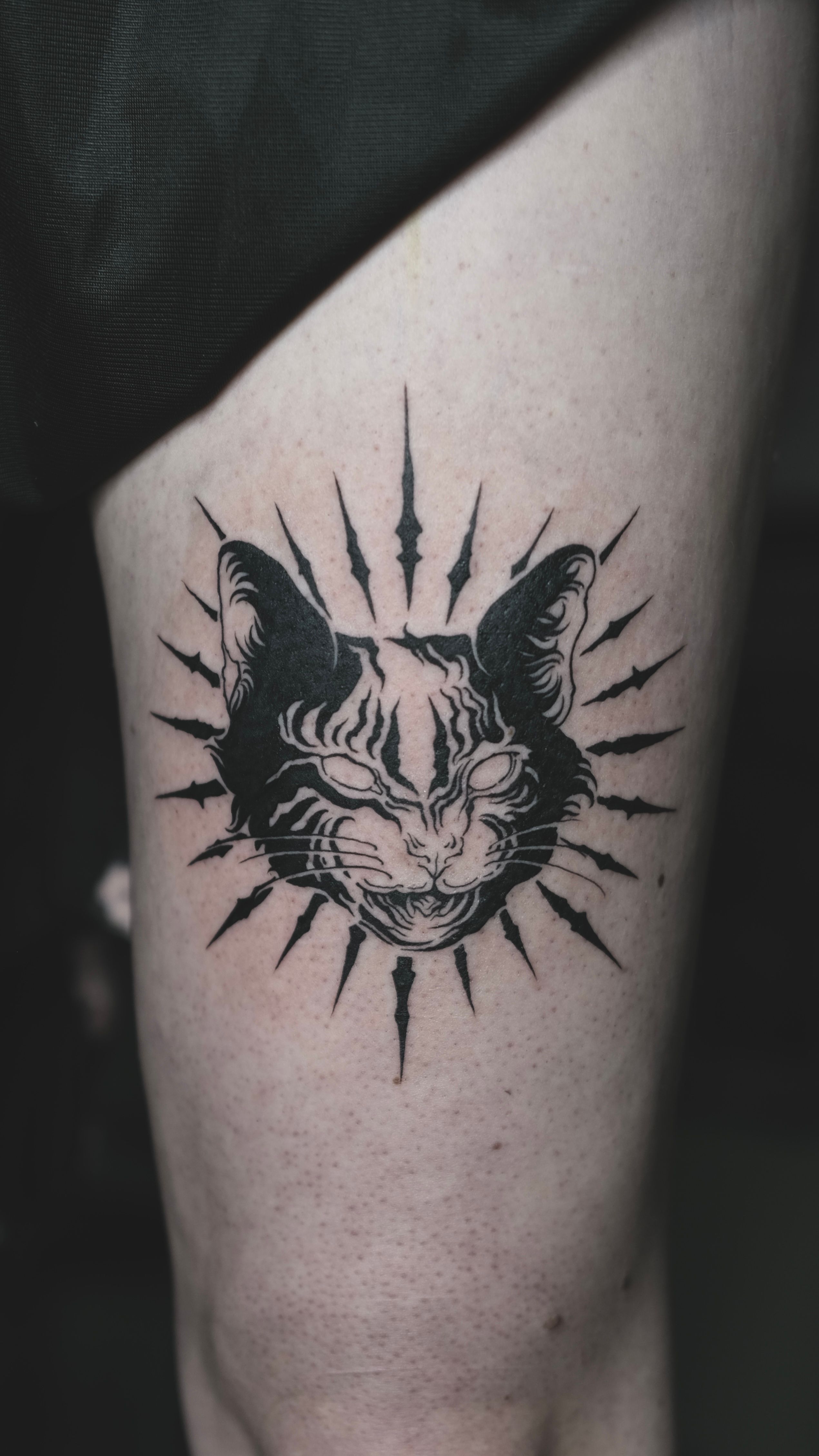 Katze im Blackwork Style auf Oberschenkel von Nachtkrabb.tattoo in 71636
