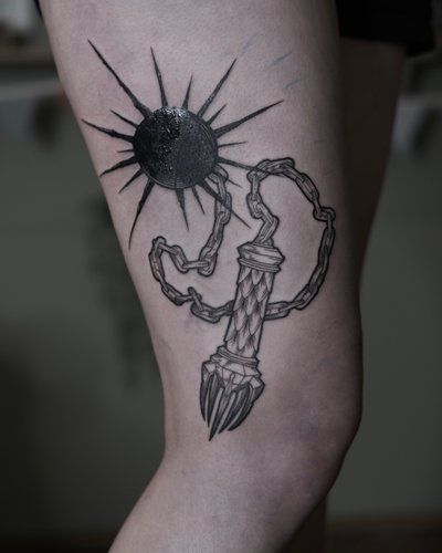 Morgenstern in Blackwork style on Thigh by Drei Moiren 71636