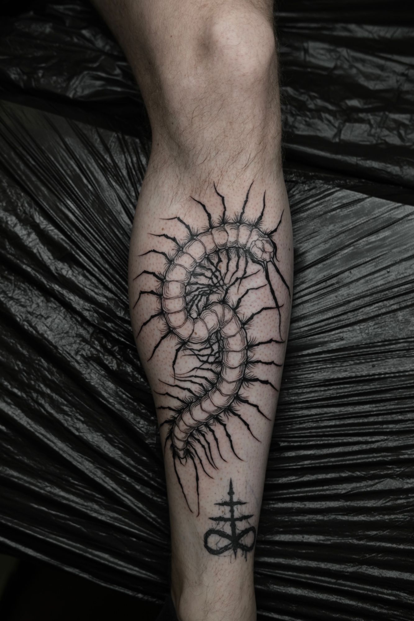 Tausendfüßler in Blackwork style on Shin by Nachtkrabb.tattoo 71636
