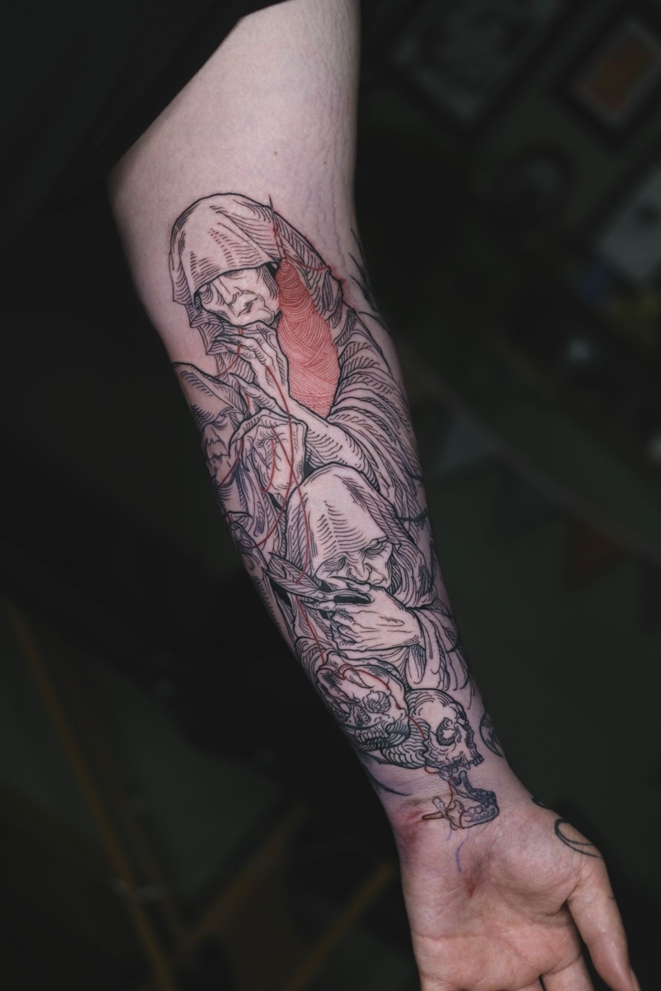 Drei Moiren in Etching (Engraving) style on Forearm by Nachtkrabb.tattoo 71636