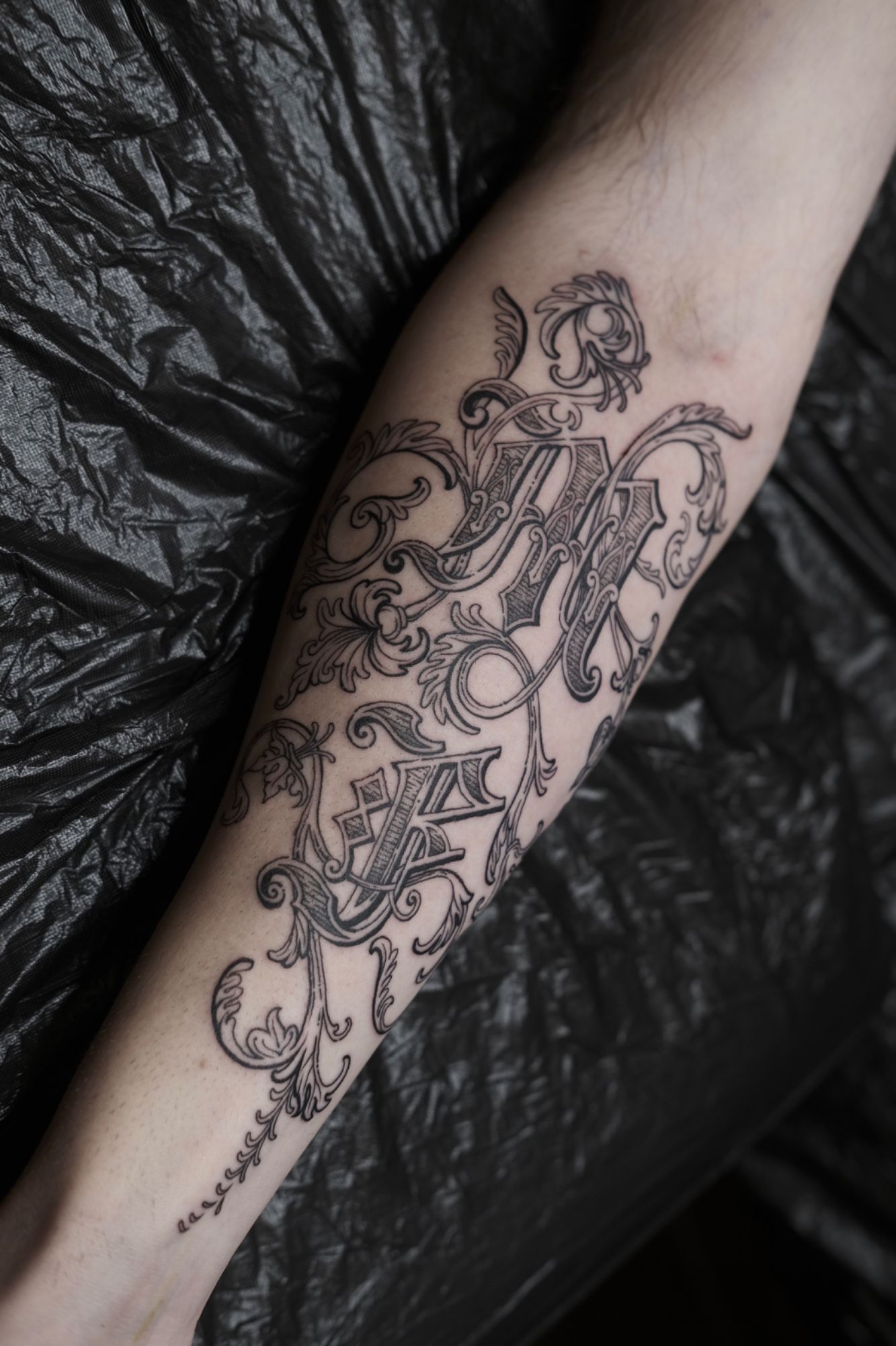 Engraving lettering in Etching (Engraving) style on Forearm by Nachtkrabb.tattoo 71636