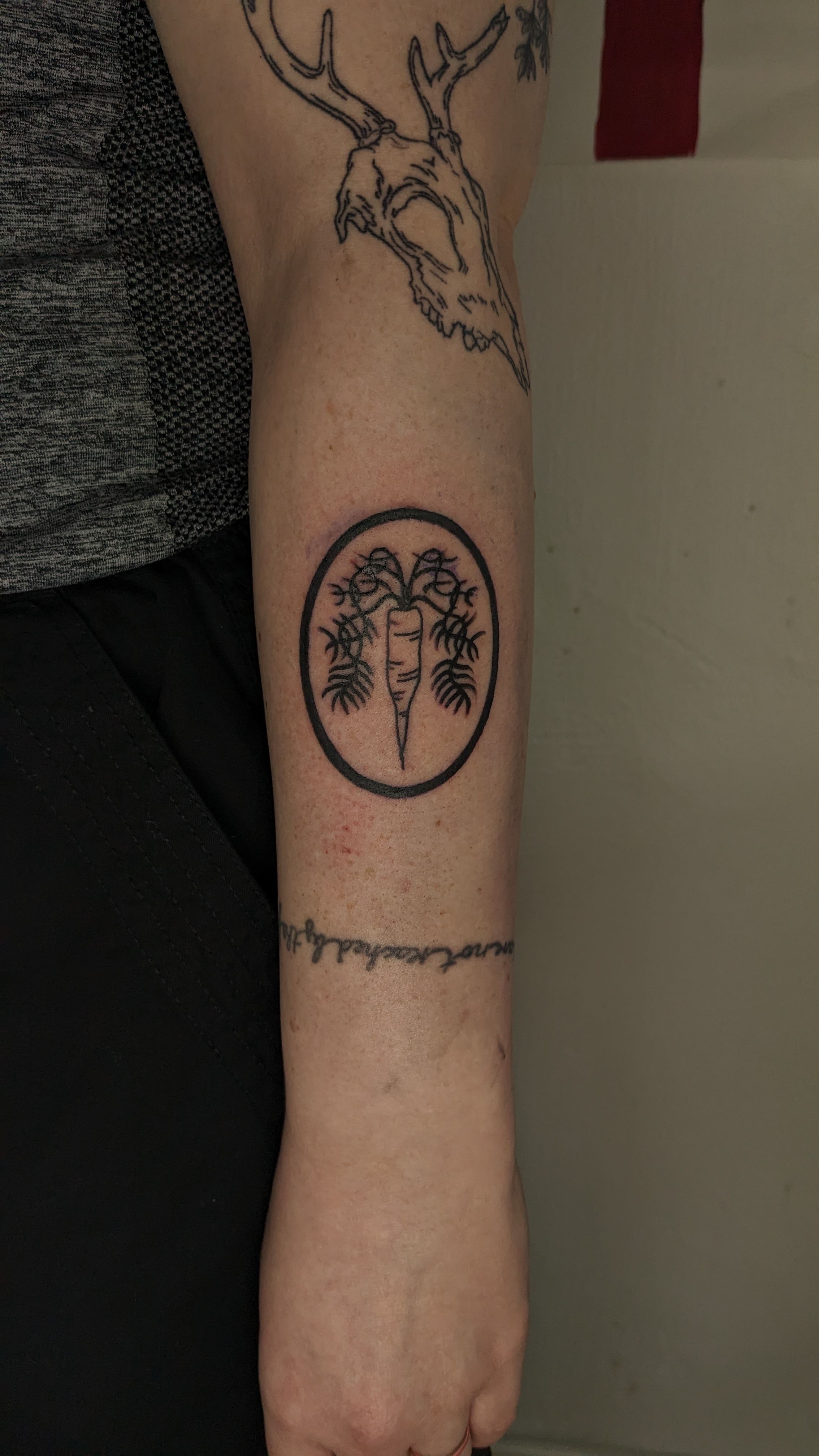 Ornament Möhre im Rahmen in Blackwork style on Forearm by janus_tattoo Hamburg