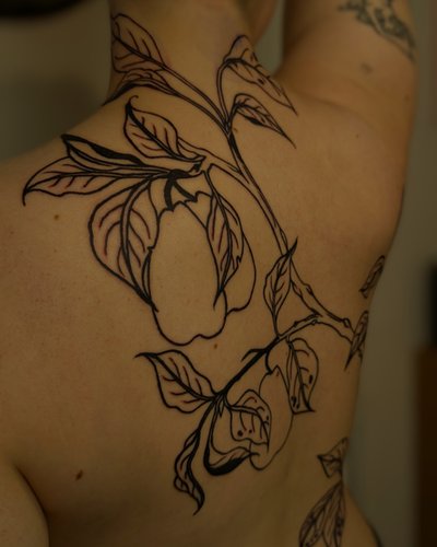 Whimsical Bontanical Birnen Zweig Backpiece im Blackwork Style auf Rücken von janus_tattoo in Hamburg