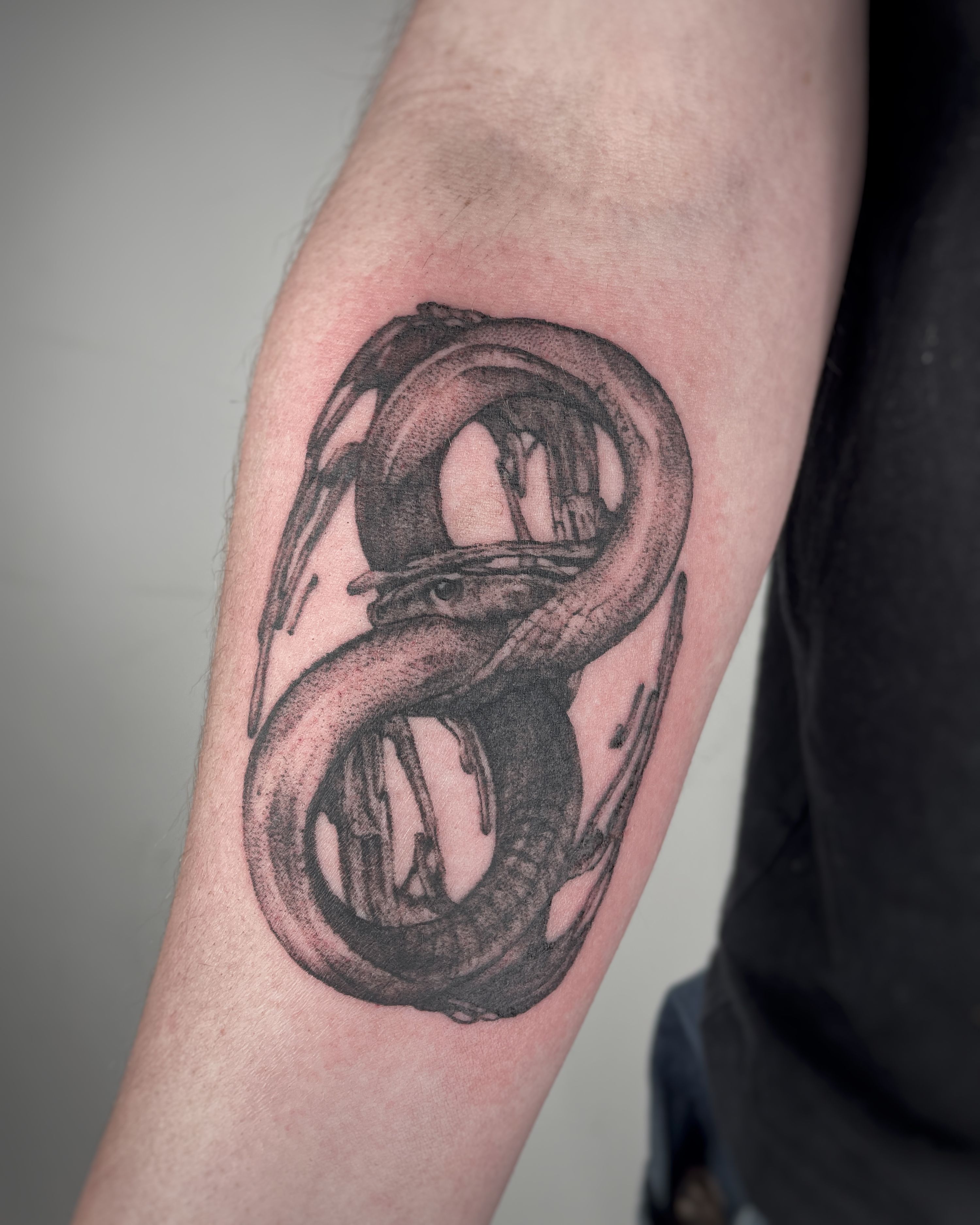 Infinity Snake im Microrealistic Style auf Unterarm von mansiehtsichmal.tattooo in Leipzig