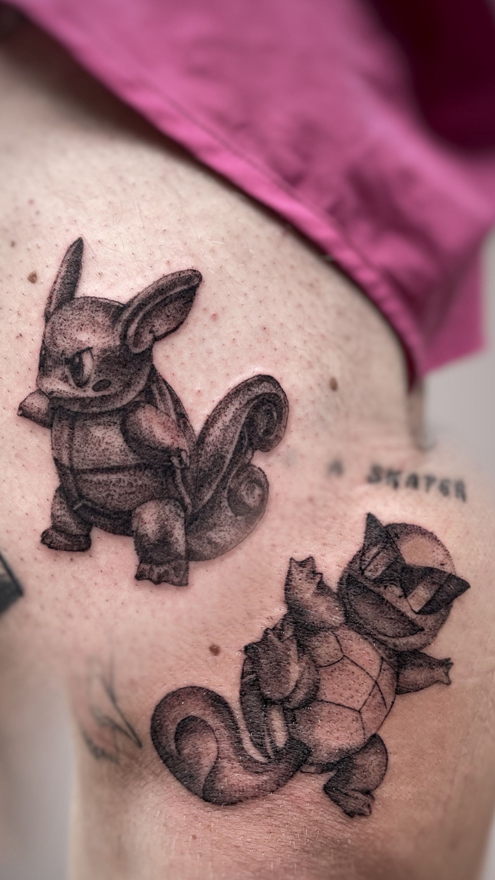 Pokemon Schiggy und Schilok im Microrealistic Style auf Bein von mansiehtsichmal.tattooo in Leipzig