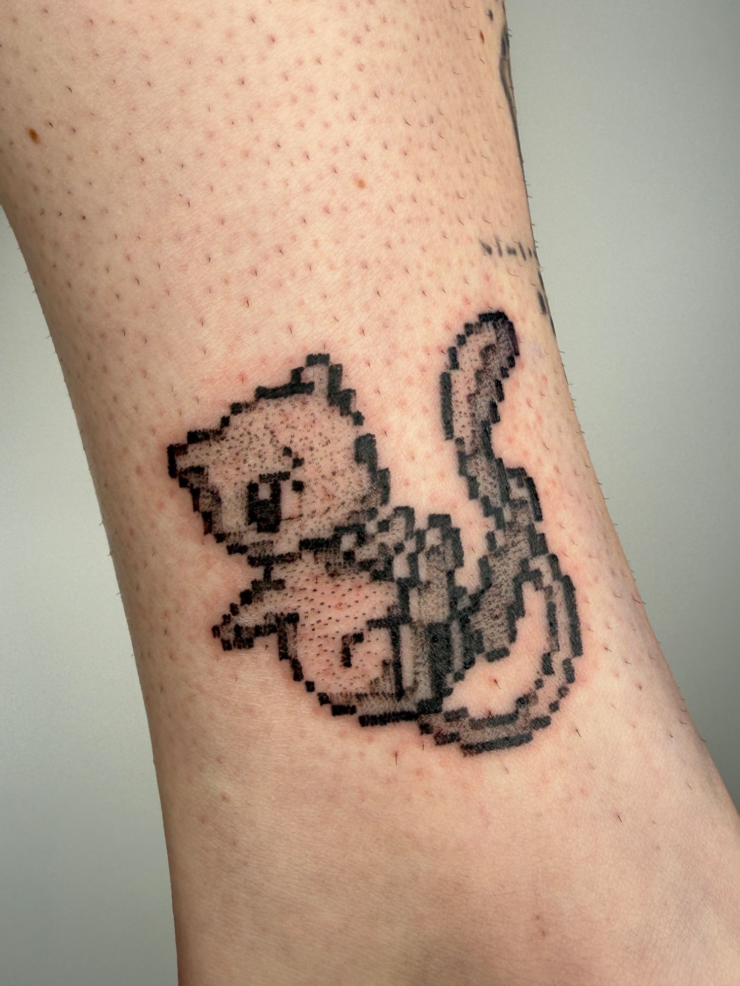 Pokémon Tattoo mew pixelart in Microrealistic style on Ankle by mansiehtsichmal.tattooo Leipzig
