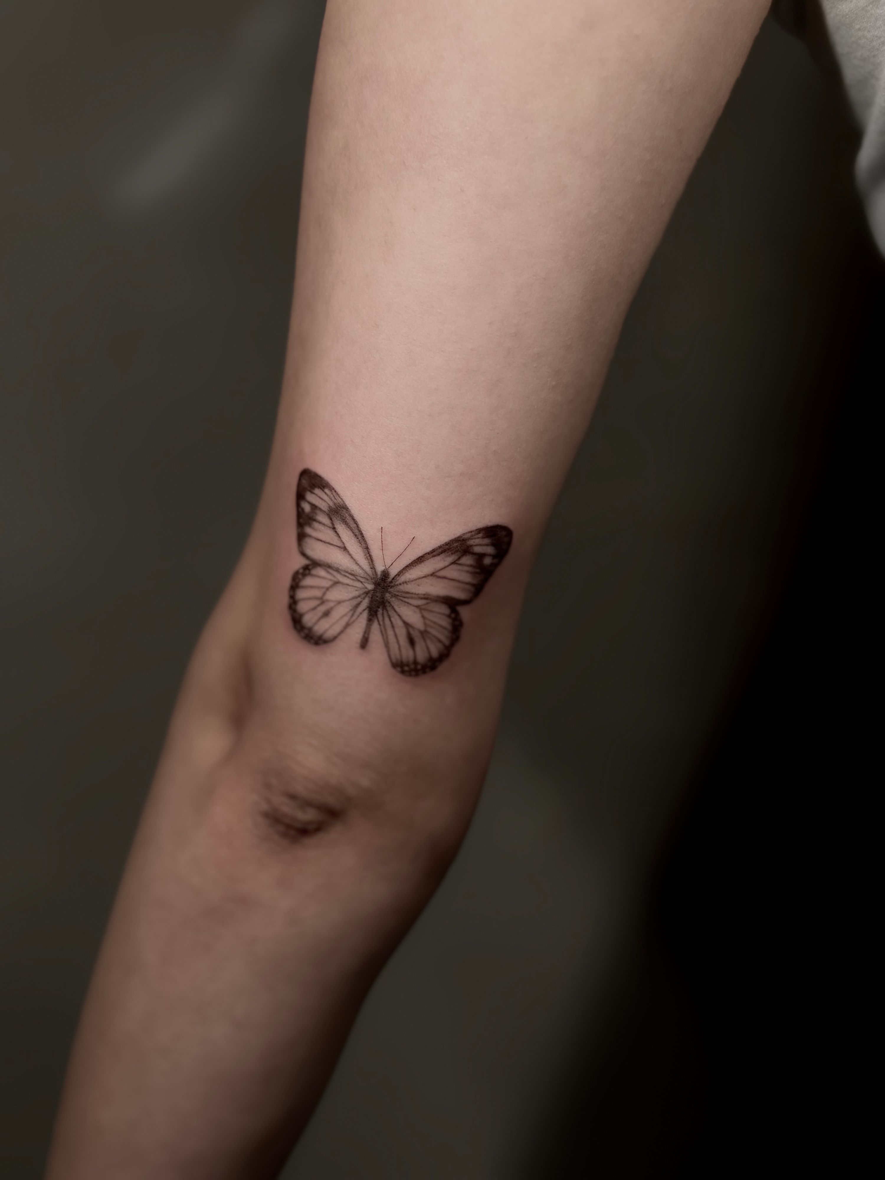 Schmetterling im Fineline Style auf Oberarm von Room 23 tattoo & art in Lübeck