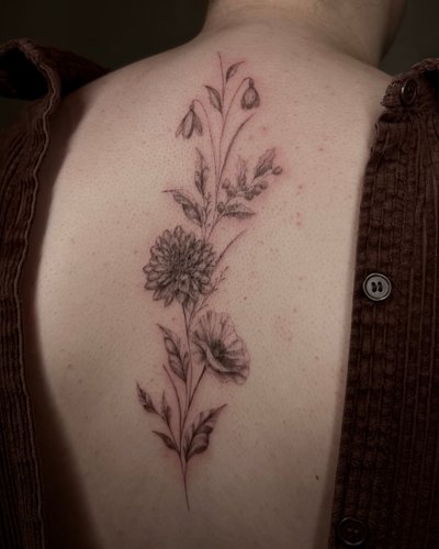 Geburtsblumen Ranke im Botanical, Floral Style auf Rücken von Room 23 tattoo & art in Lübeck