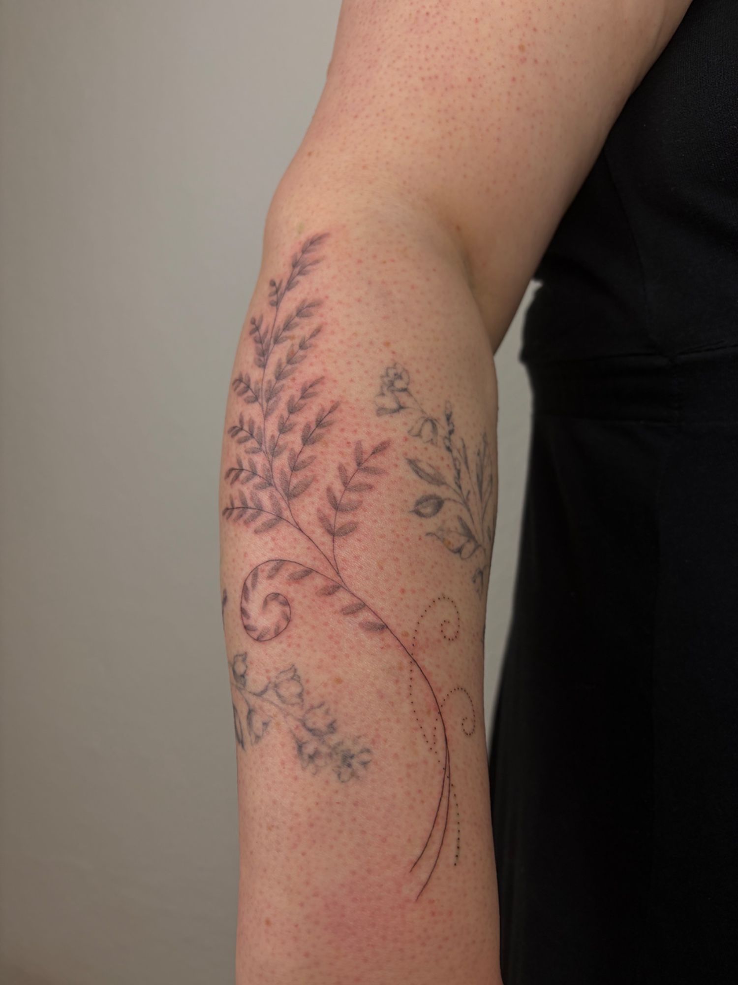 Fern im Botanical, Floral Style auf Unterarm von Sadmeply Tattoo in Hamburg