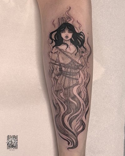 Hexenverbrennung Custom Tattoo in Black & Gray style on Calf by Ein Mü Leipzig