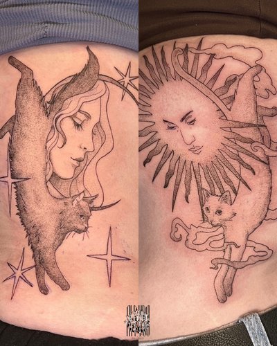 Mond- & Sonnenkatze aus meinen Flashes in Black Gray style on Ribs by Ein Mü Leipzig