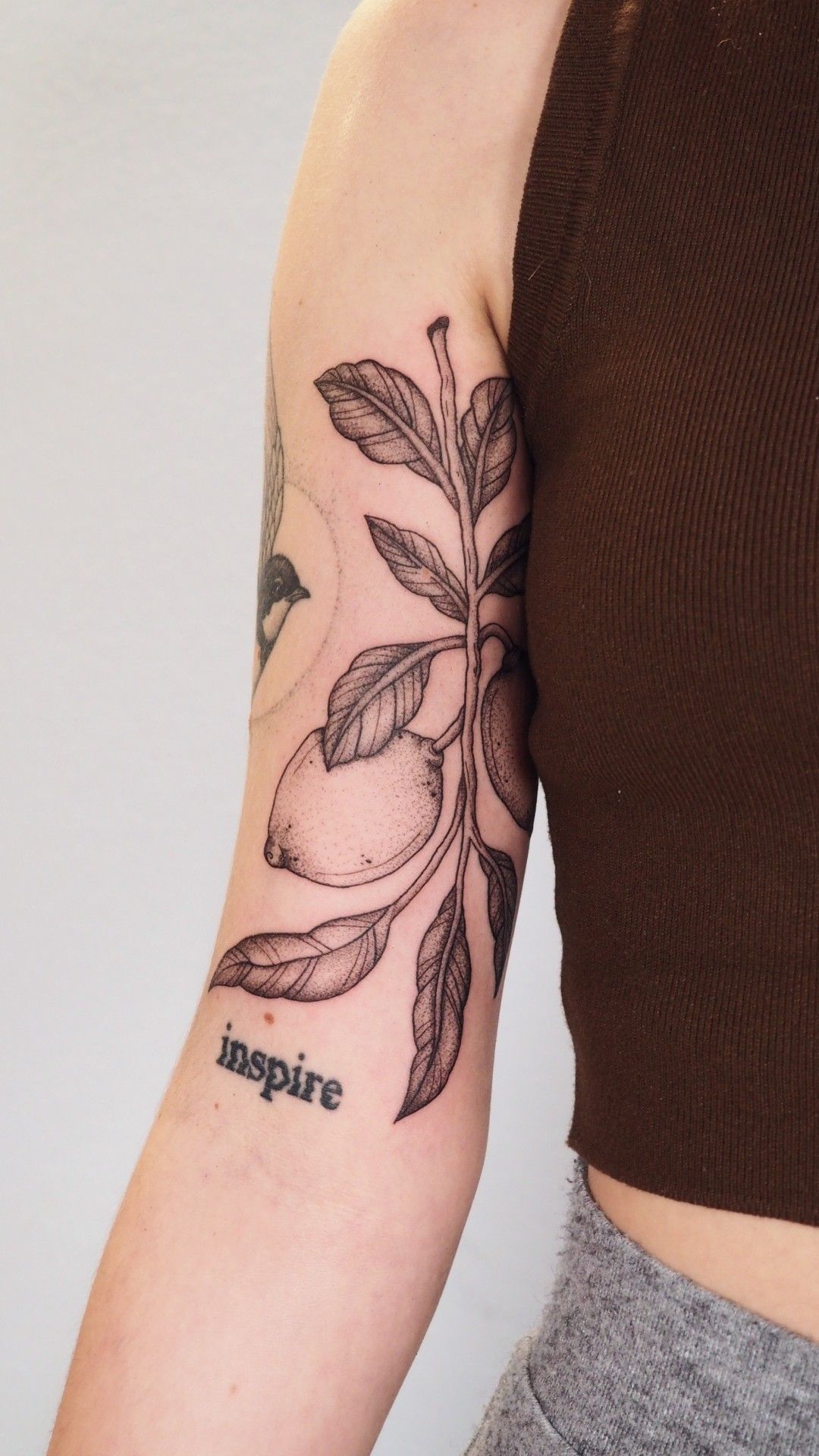 Zitronenast Innenseite Oberarm im Blackwork Style auf von Anne Nohva in Hamburg