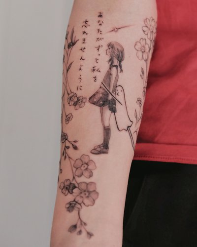 From manga: "Good night punpun" forearm tattoo. im Anime Style auf Oberarm von Atelier tat in Leipzig