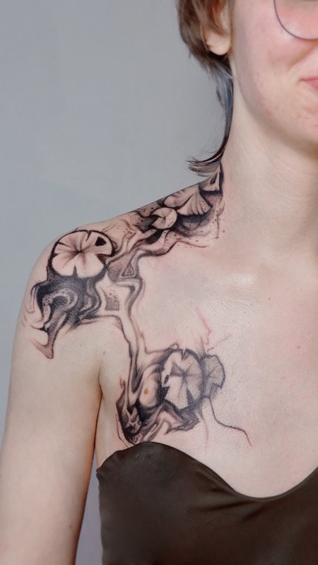 Water lily in Black & Gray style on Chest by Atelier tat Leipzig