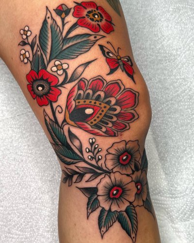 Blumen in Oldschool, Traditional style on Knee / Back of by Xaver Kettenberger 83308