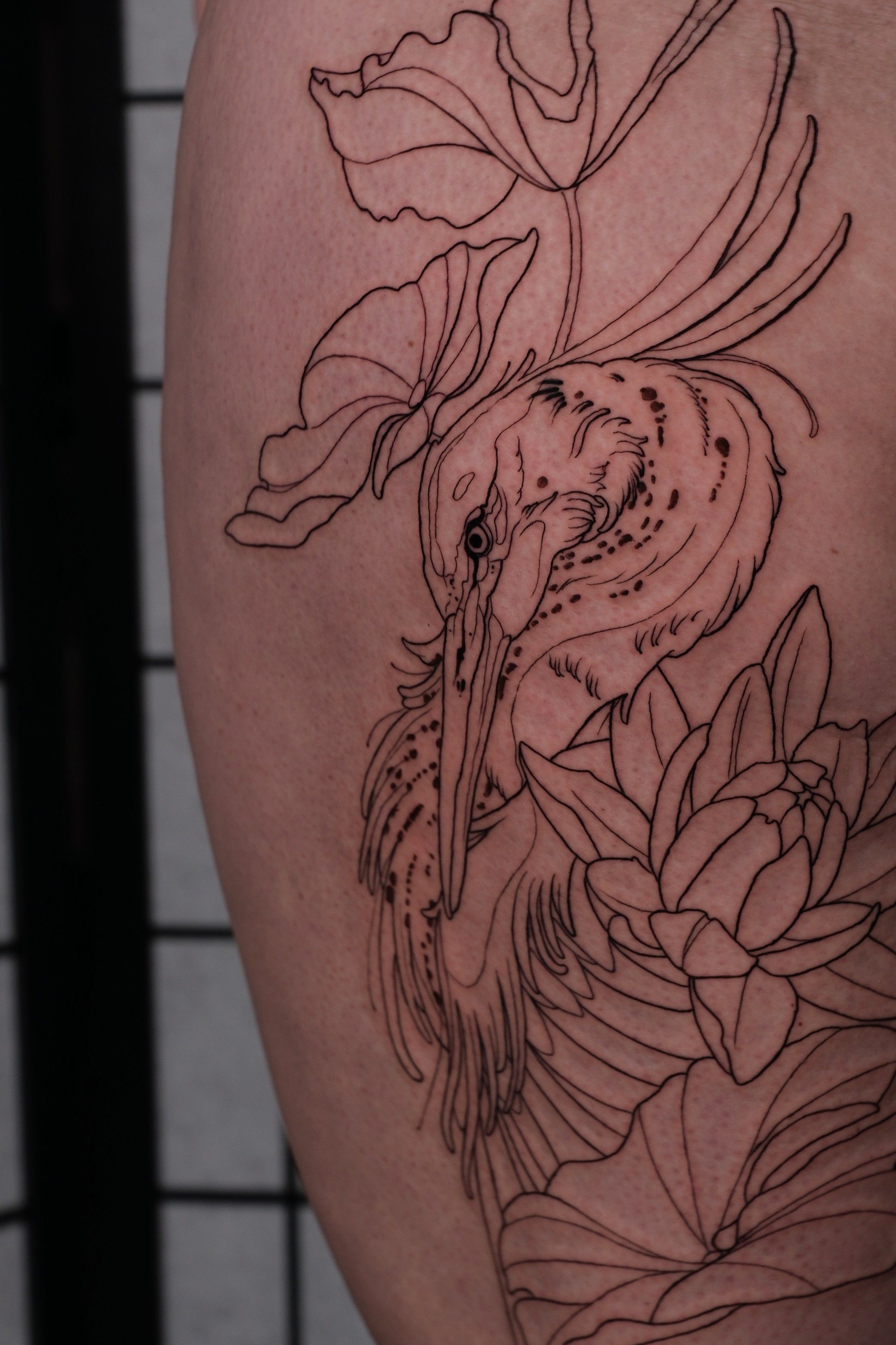 Kranich in Line Work style on Thigh by High Contrast 10247