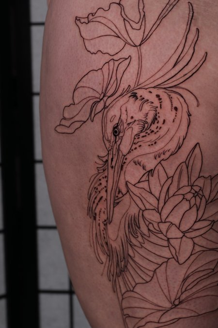 Kranich in Line Work style on Thigh by High Contrast 10247