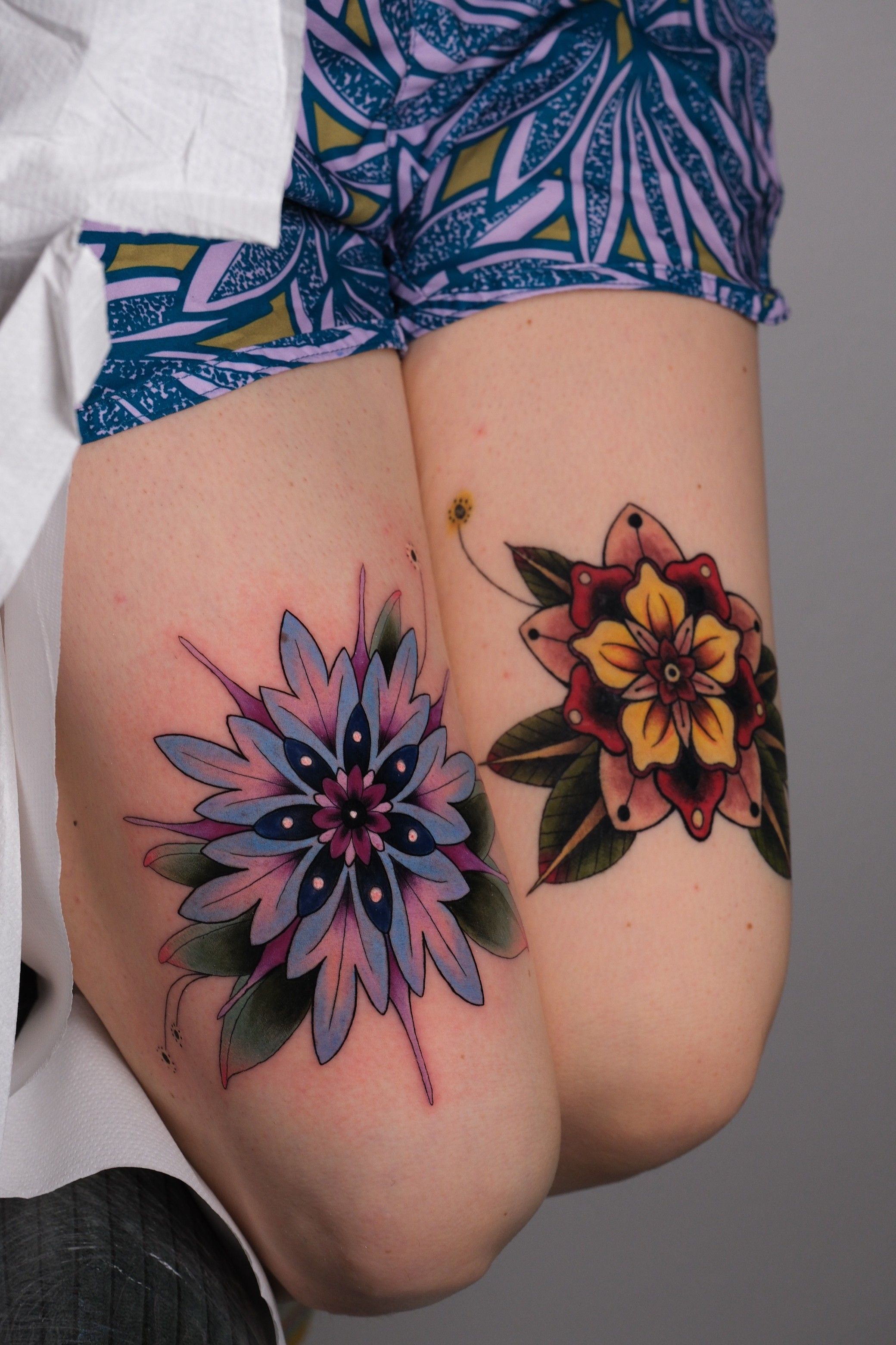 Asymmetrical Trad Flowers in Neotraditional style on Thigh by Sera Redwood 10247
