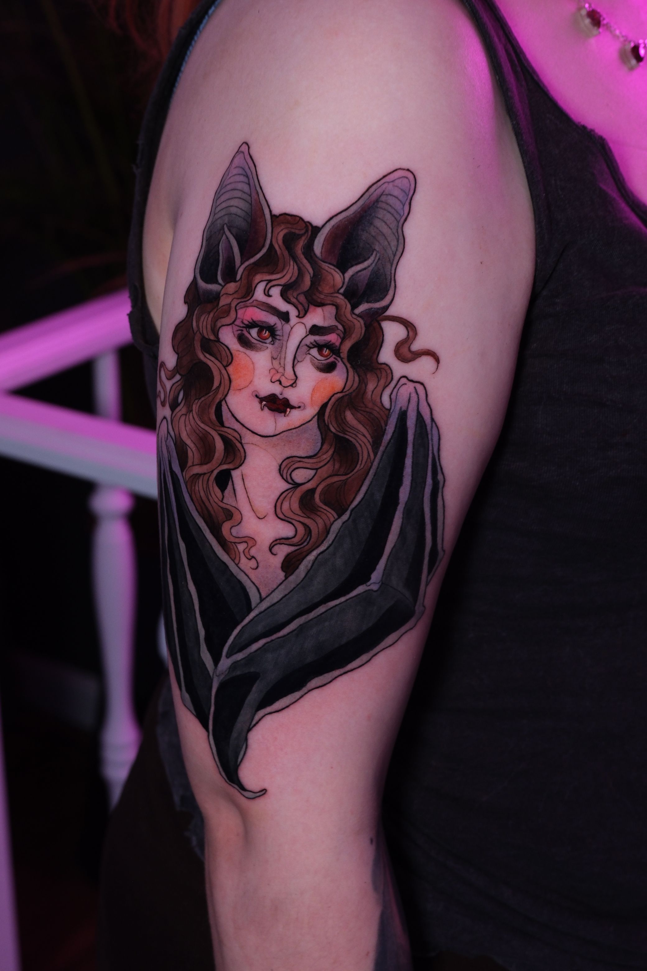 Bat-Lady in Neotraditional style on Upper Arm by High Contrast 10247