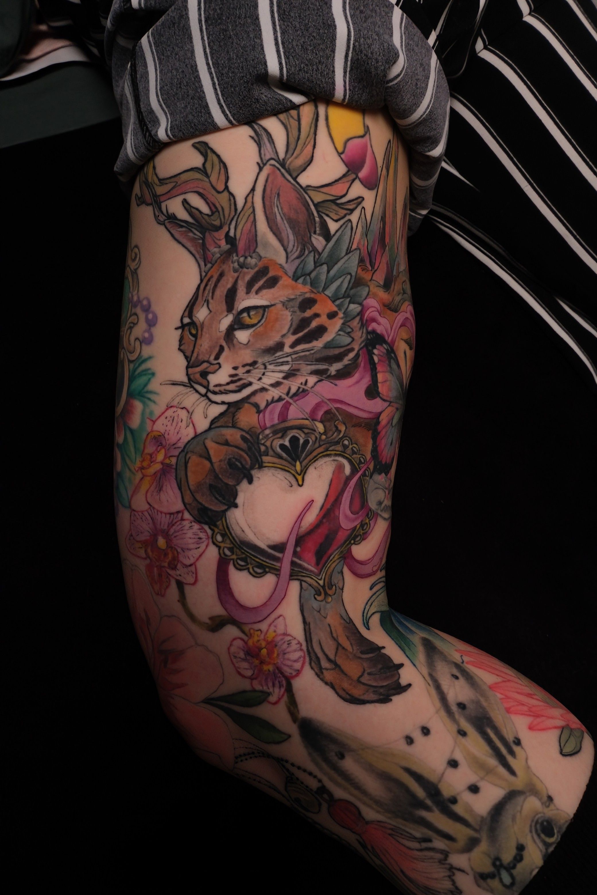 Katzen-Waldgott in Neotraditional style on Thigh by Sera Redwood 10247