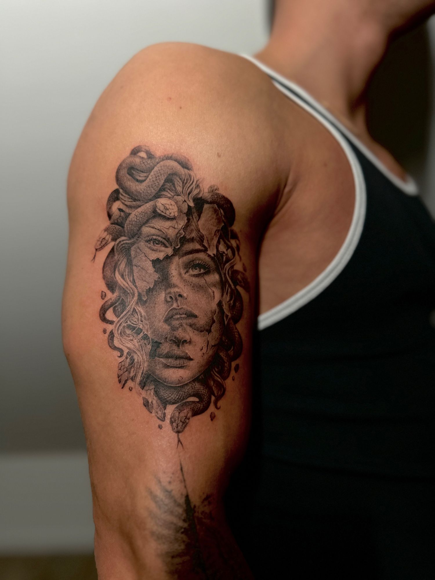Medusa in Realistic style on Upper Arm by Jessi.art.tattoo 23552