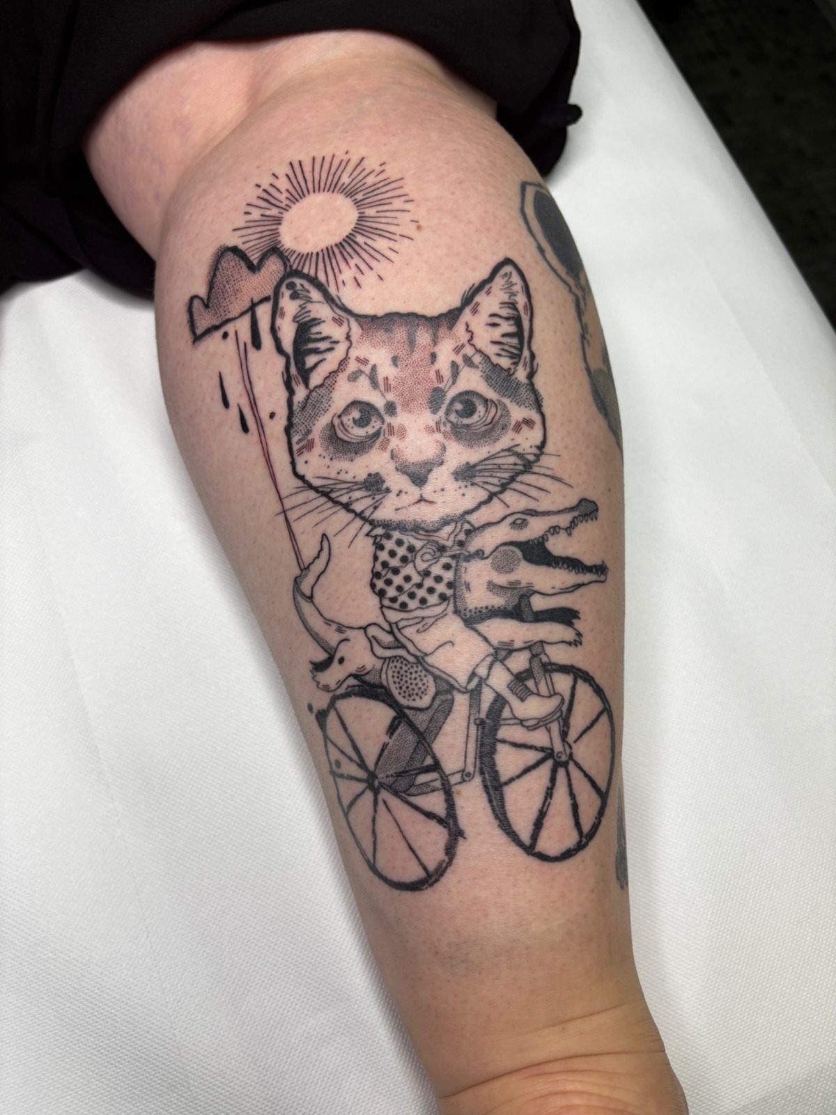 Katzentattoo im Blackwork Style auf Wade von Mörfi Tattoo in 70372
