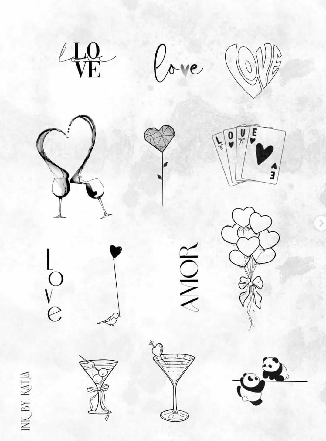 Various heart tattoo designs in fine line style, including lettering, wine and cocktail glasses, playing