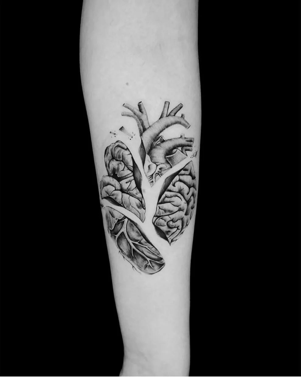 Realistic heart and brain tattoo on forearm