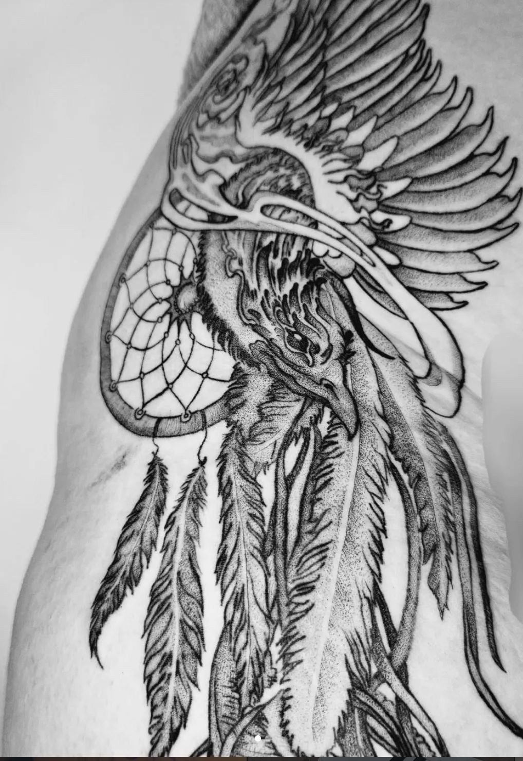 Dotwork phoenix tattoo with dreamcatcher and feathers on the shoulder