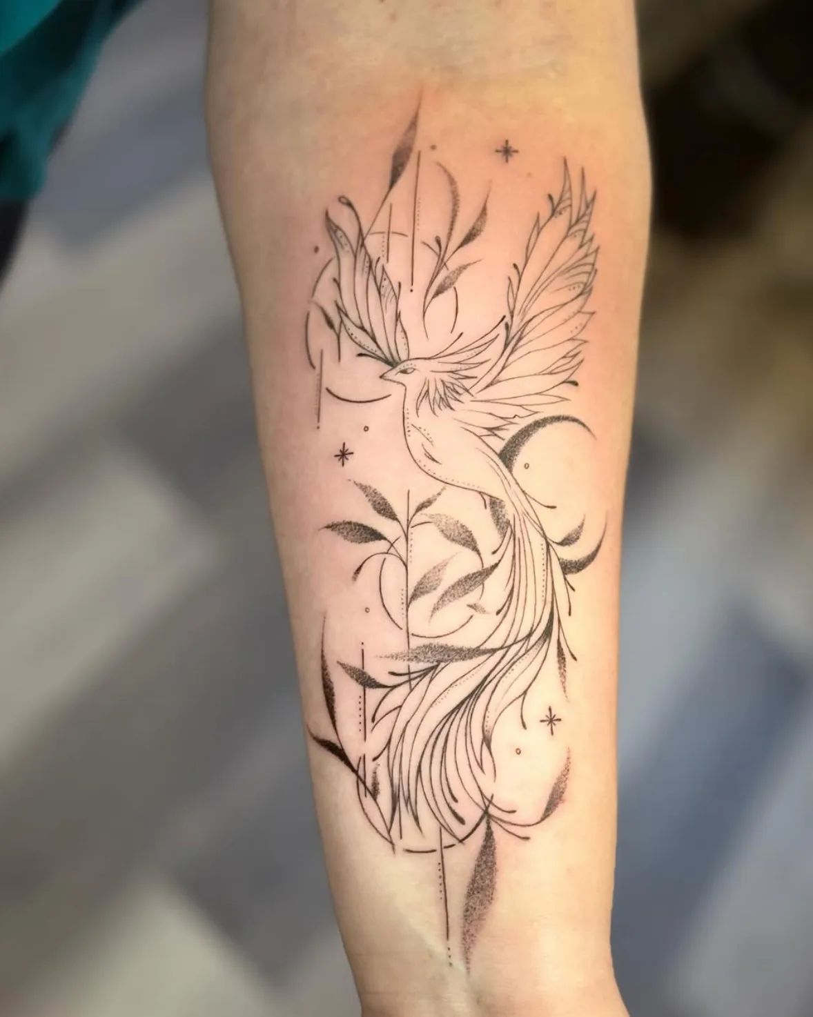 Fine line phoenix tattoo on forearm with leaves and stars